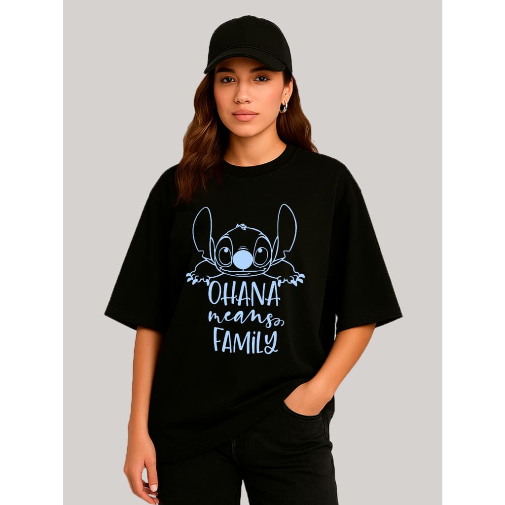 Camiseta Oversized Feminina Ohana Estilo e Amor com Stitch e sua Mensagem de Família 100% Algodão