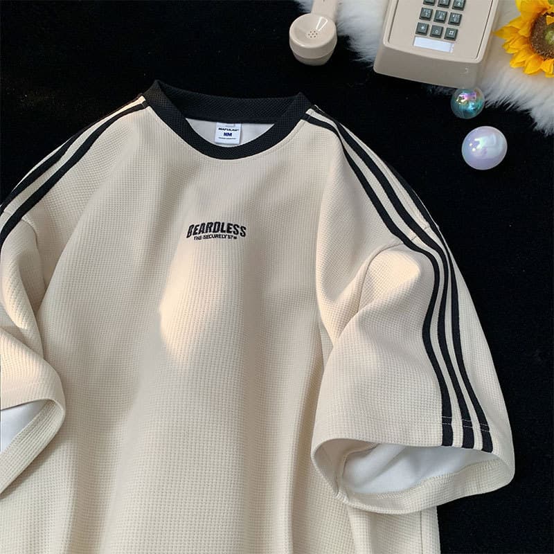Waffle camiseta de manga curta masculina verão estilo fino Street Wear na moda All-Match juventude camiseta americano pe