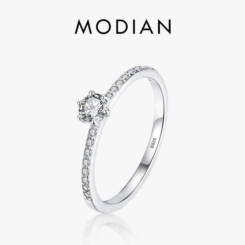 Anel Modian de prata esterlina 925 sólida, simples, redondo, com zircônia transparente, adequado para mulheres e meninas
