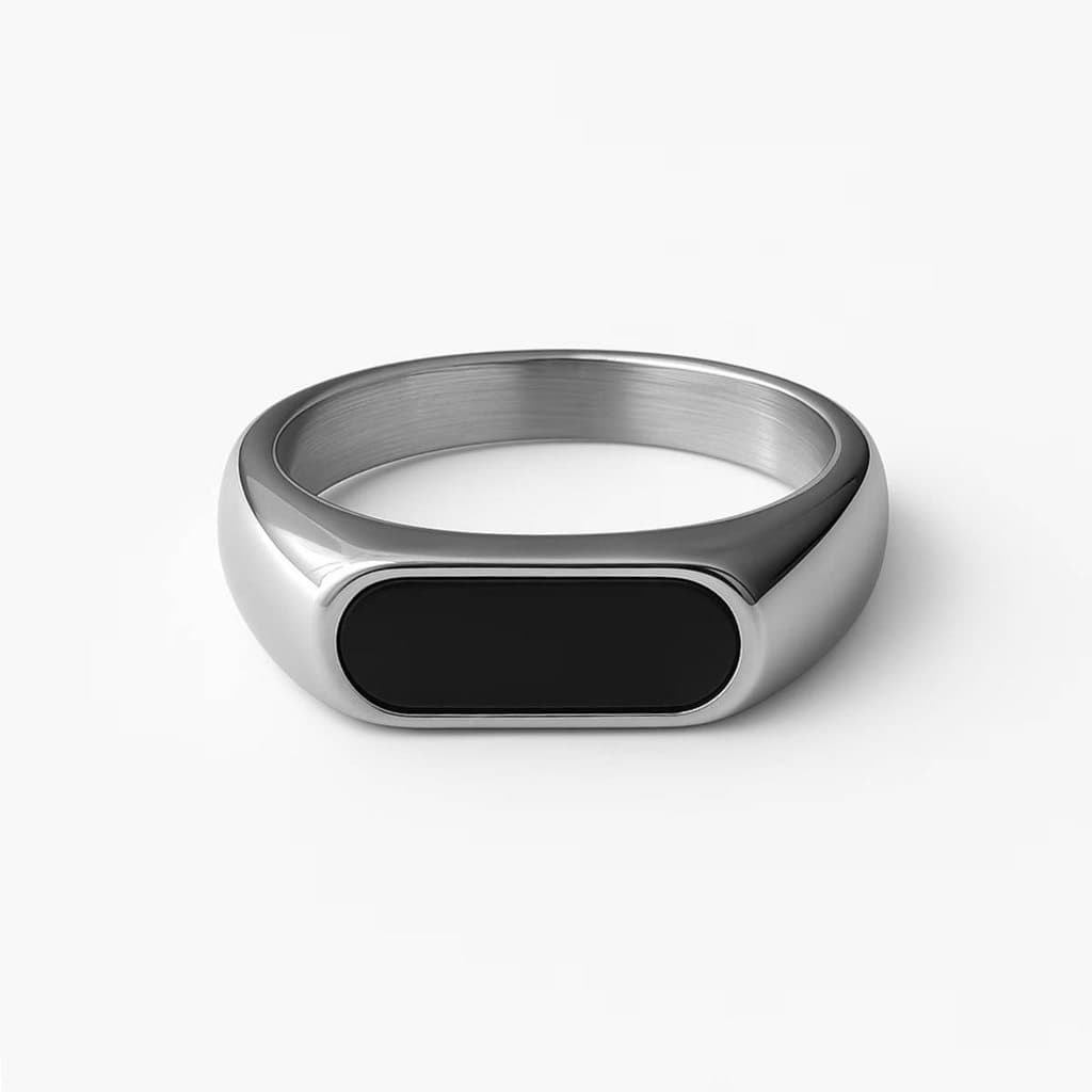Anel Masculino Pisano Minimalista Aço Inox Prateado com Pedra Preta