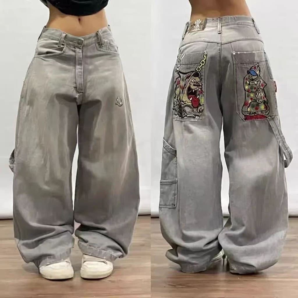 Calças Jeans Baggy Streetwear Y2K Hip Hop Retro com Bolsos, Calças Pretas Masculinas Punk Rock de Cintura Alta e Perna L
