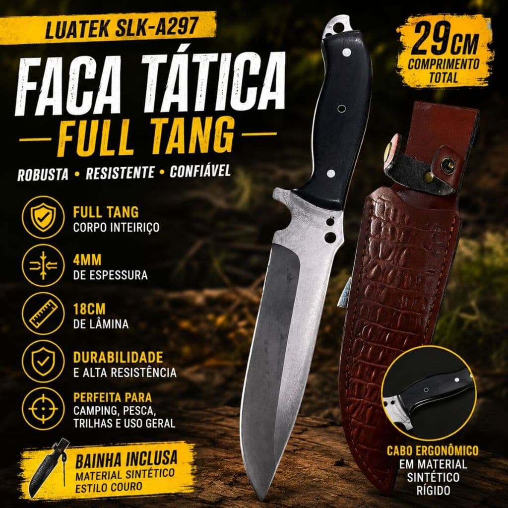 Faca Tatica Full Tang Luatek SLK-A297 29cm 4mm Com Bainha Estilo Couro Camping Pesca Trilha