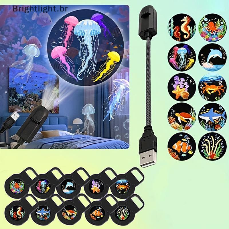 [brightlight.br] Luz De Projeção LED USB Projetor Ocean Life Lâmpada Com 10 Padrões [BR]