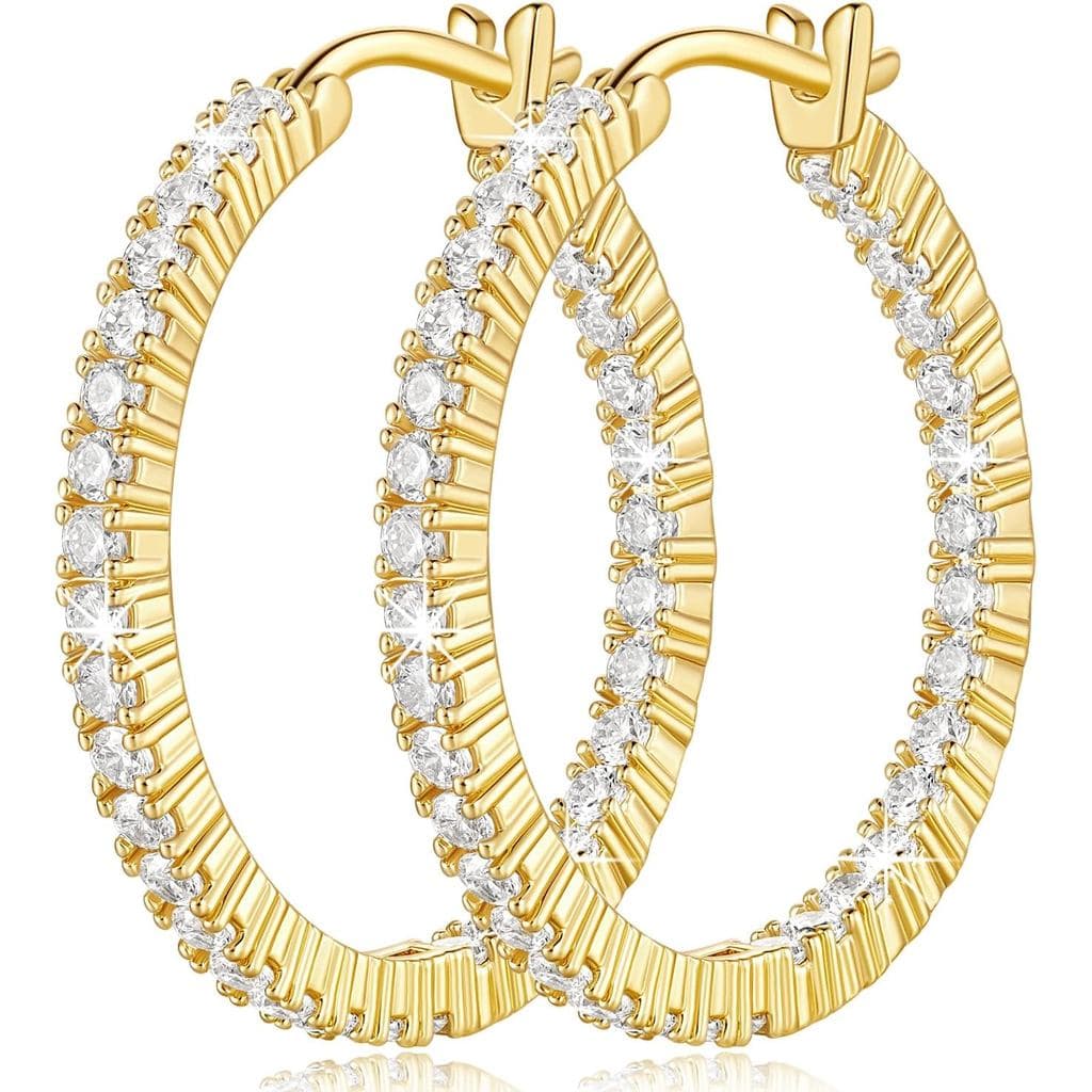 Brincos de Argola em Ouro 14K para Mulheres, Leves, com Zircônia Cúbica de Dupla Face, 20/30mm