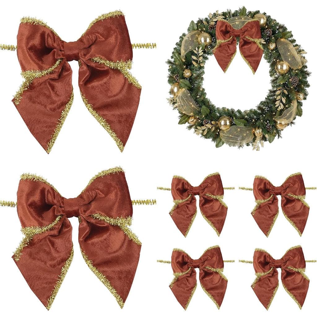 5" Rust Bows Velvet Ribbon Bows with Gold Tinsel Edge, Twist Tie Bows, Orange Bows for Gift Wrapping, Pre-Tied Bows for