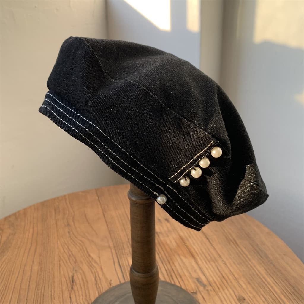 Preto Denim pérola boina chapéu primavera estilo fino estilo japonês pequeno rosto octogonal pintor chapéu versão corean