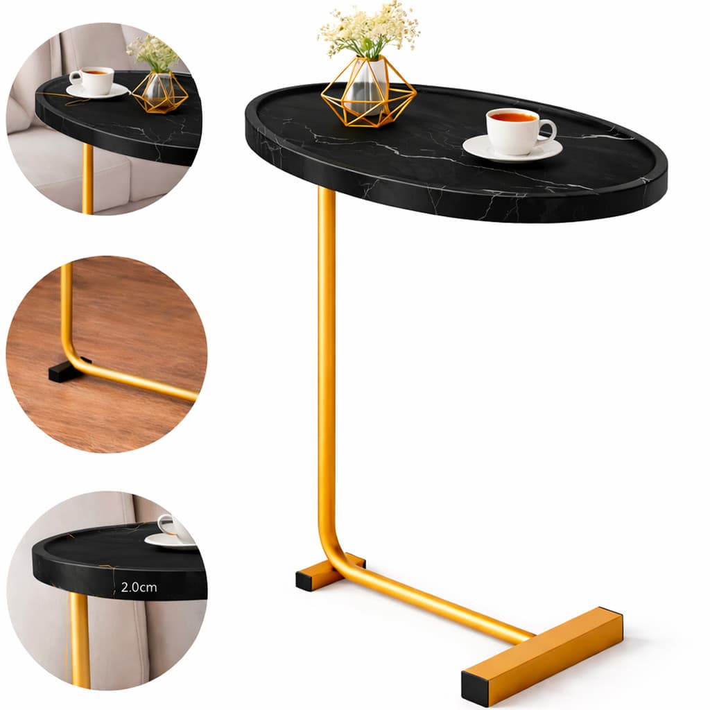 Mesa Lateral Vitino Siena Noir Tampo MDF Oval Marmorizado Base Dourada