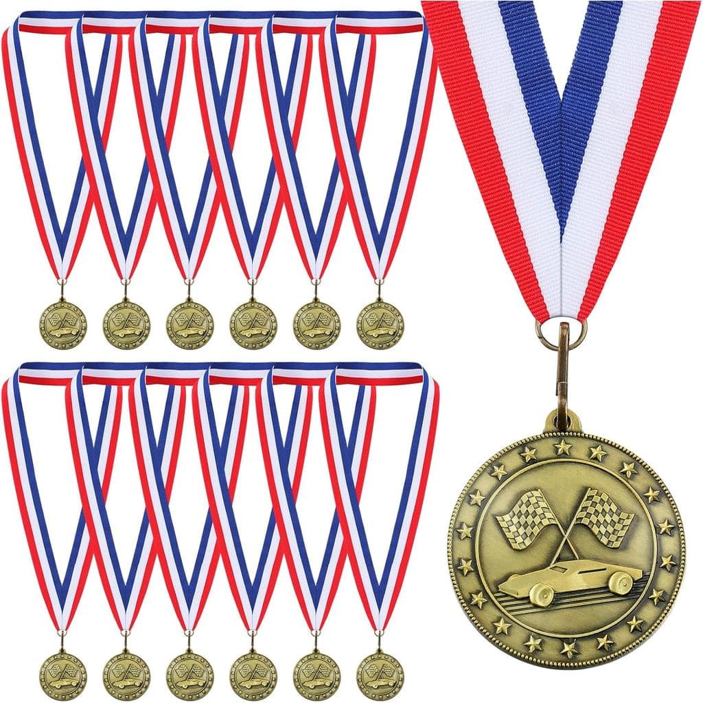 Pacote com 12 Medalhas de Carro de Corrida para Presentes de Troféu de Derby de Carros, Medalhas de Ouro Retrô de Metal