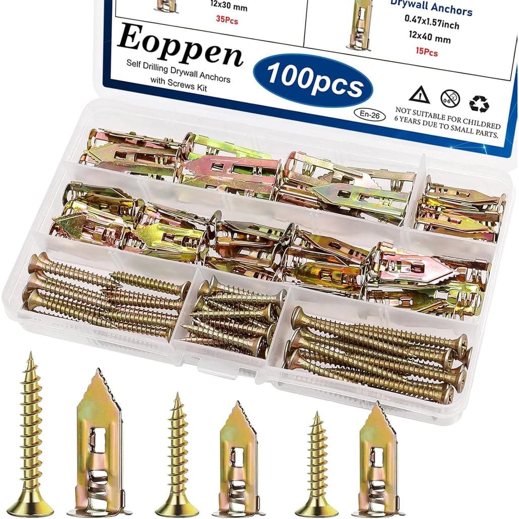 100 Peças de Buchas Autoperfurantes para Drywall com Kit de Parafusos, 2 Tamanhos de Buchas para Drywall e 3 Tamanhos de