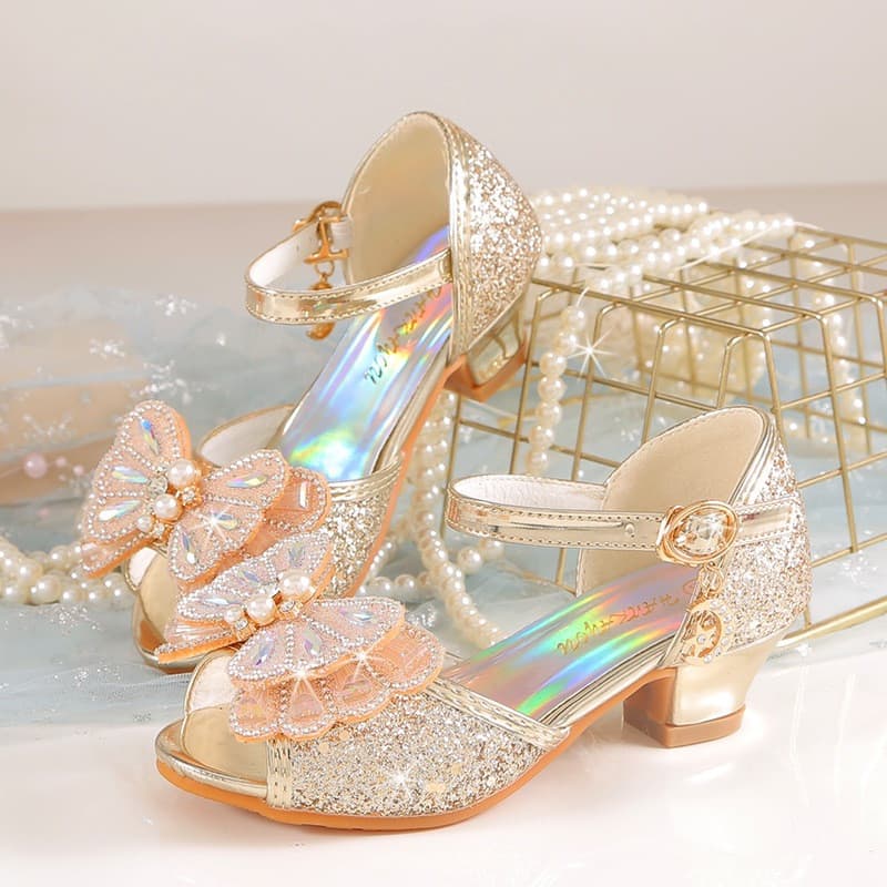 Sandálias para Meninas, Nova Moda, Laço, Princesa, Cristal, Salto Alto, Sapatos para Casamento, Aniversário e Dança J9RN