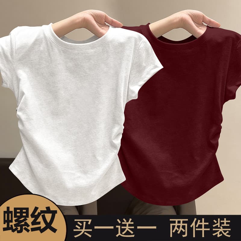 Camiseta feminina de manga curta com rosca 2025 novo estilo verão atmosfera generosa cintura estreita Irregular simples