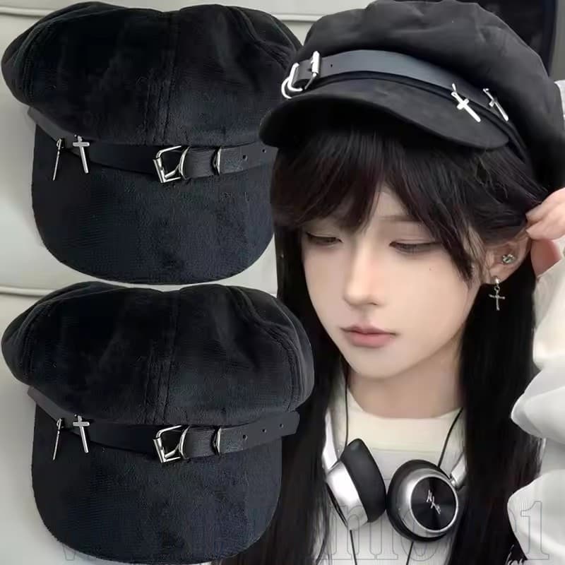 Chapéu De Boina Pintor De Couro Preto – Boné De Algodão Com Pingente De Cruz De Metal Y2K , Punk , Estilo Japonês Gorros