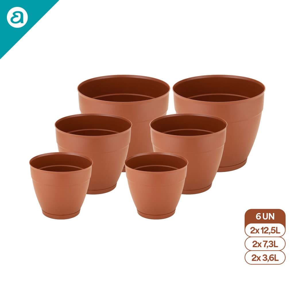 Kit 2 Vasos 3,6L 2 Vasos 7,3L 2 Vasos 12,5L com Prato Anti-Dengue para Jardim Varanda Interno