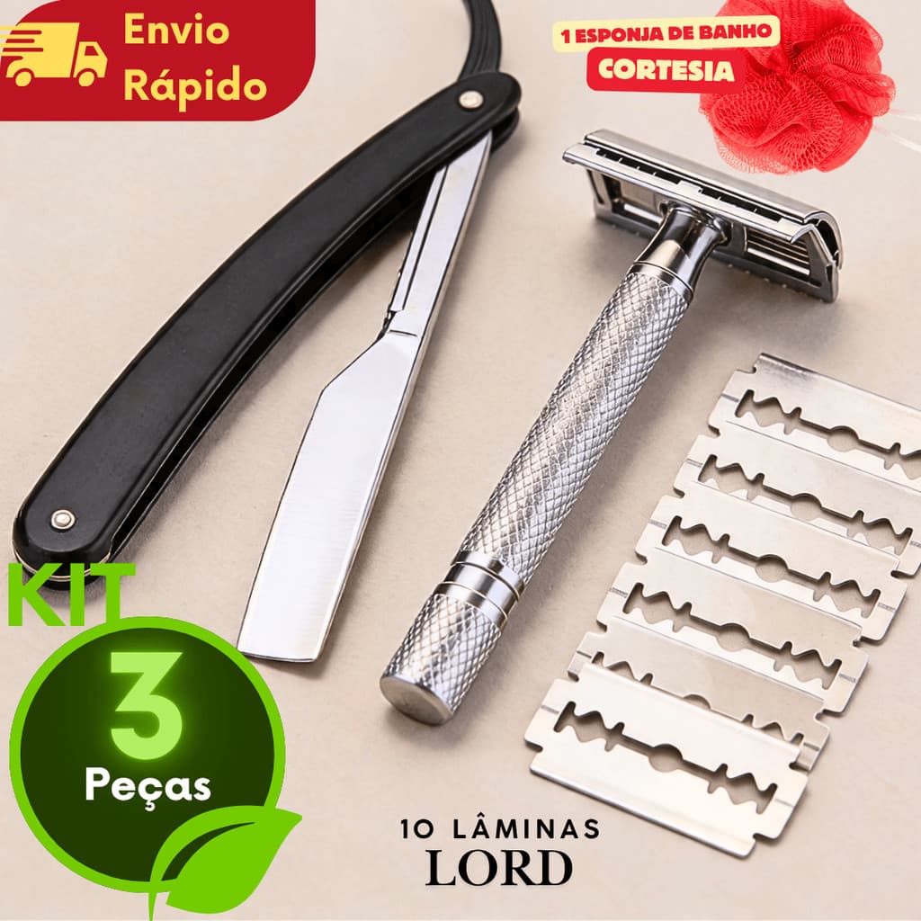 Kit Navalha Barbeiro Profissional + Aparelho de Barbear Retrô Clássico + 10 Lâminas Aço Inox