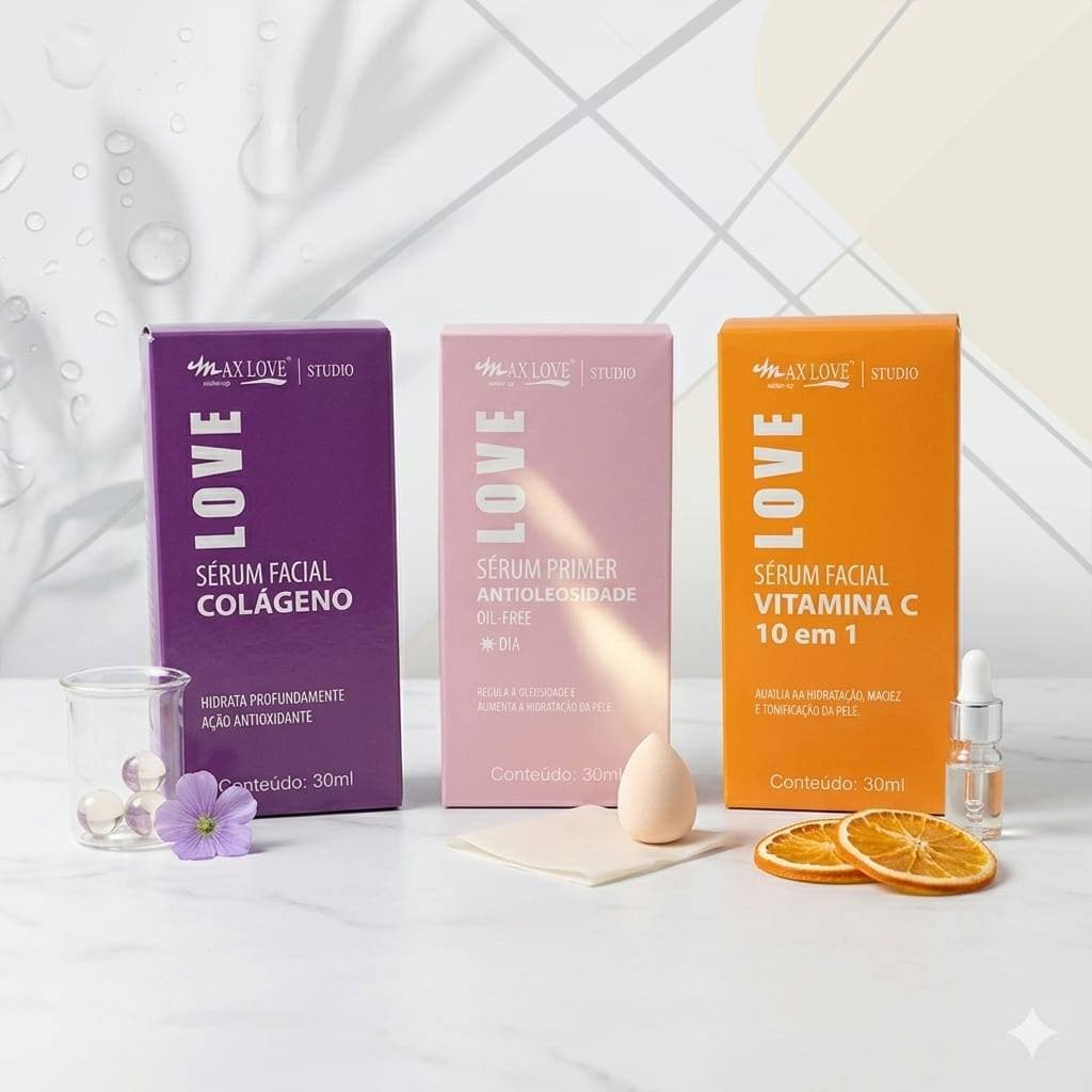 Kit c/3 Sérum Facial Max Love Vitamina C | Colágeno | Antioleosidade, Hidratação e Glow Radiante