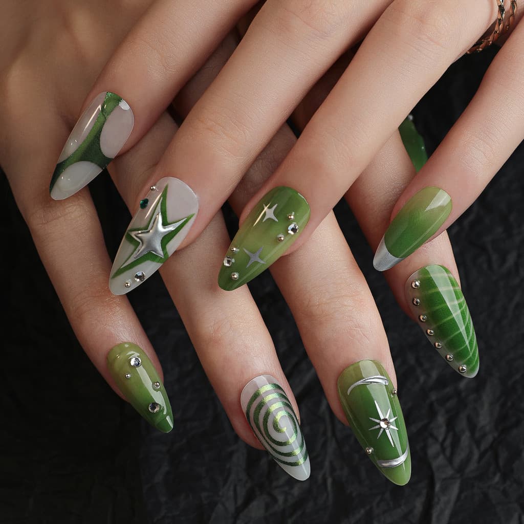 Unhas De Remendo Gradiente Verde Francês 3D