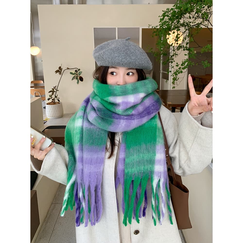 Ocidental grande marca verde xadrez imitação de caxemira cachecol feminino inverno borla engrossado cachecol quente High
