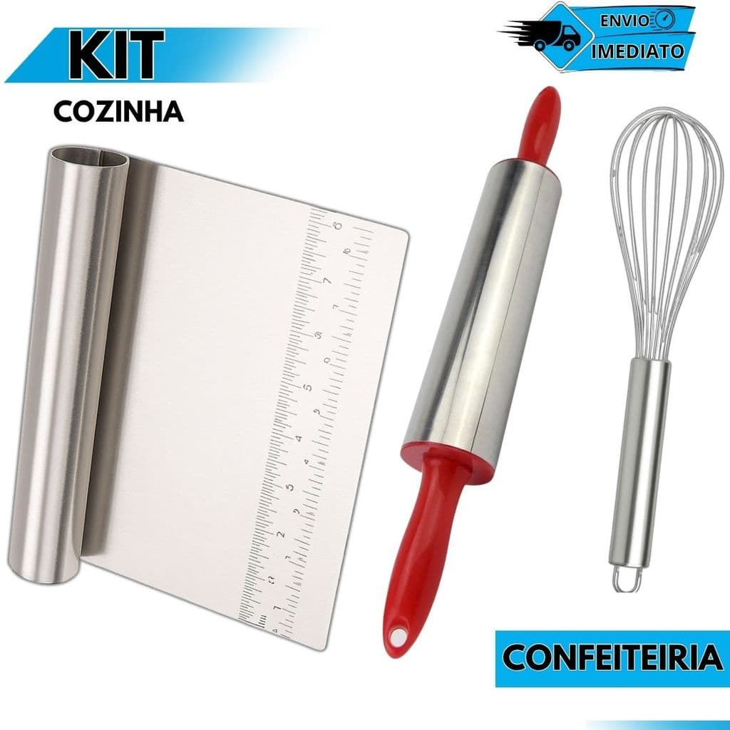 Kit Utensílios Cozinha Fouet Batedor de Ovos Rolo Para Massa Espátula Raspadora