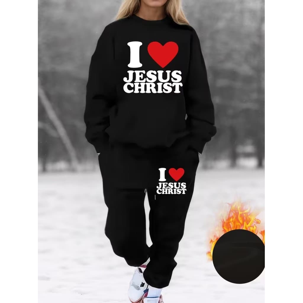 Conjunto Moletom Careca Feminino I Love Jesus Blusa De Frio + Calça Moletom Estampados Unissex Outono/Inverno