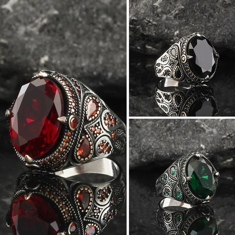 Anel Vintage de Prata para Homens, Aço Titânio, Verde, Vermelho, Preto, Anel com Zircônia Cristal Oval, Acessório de Mod