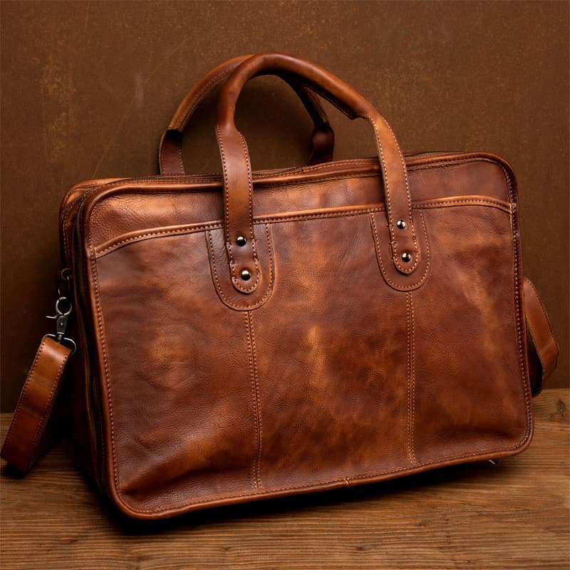 Tempo lento negócios Casual artesanal bolsa de couro genuíno masculino maleta Horizontal bolsa ombro computador na moda