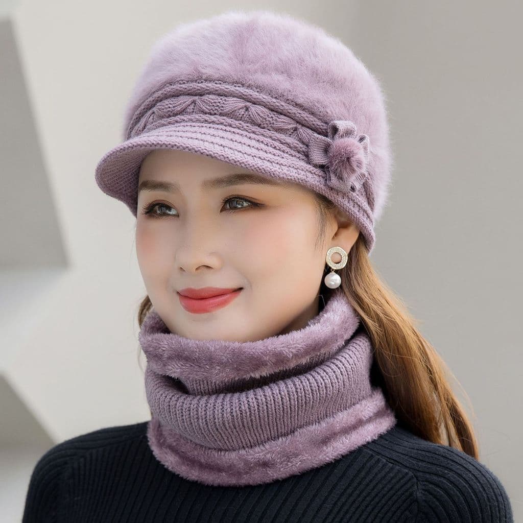 Conjunto de chapéu para idosos de meia-idade, cachecol feminino de inverno, chapéu quente espesso, chapéu de lã tricotad