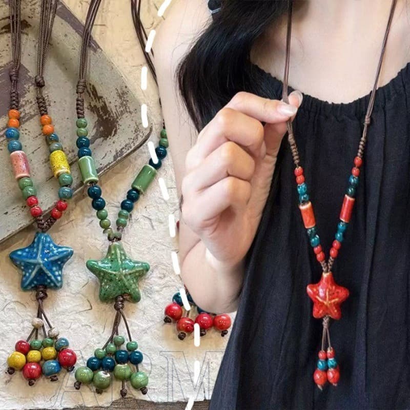 Gargantilha Neacklace Com Borla Longa – Estilo Boêmio , Vintage , Elegante Colares Contas De Estrela Do Mar De Cerâmica