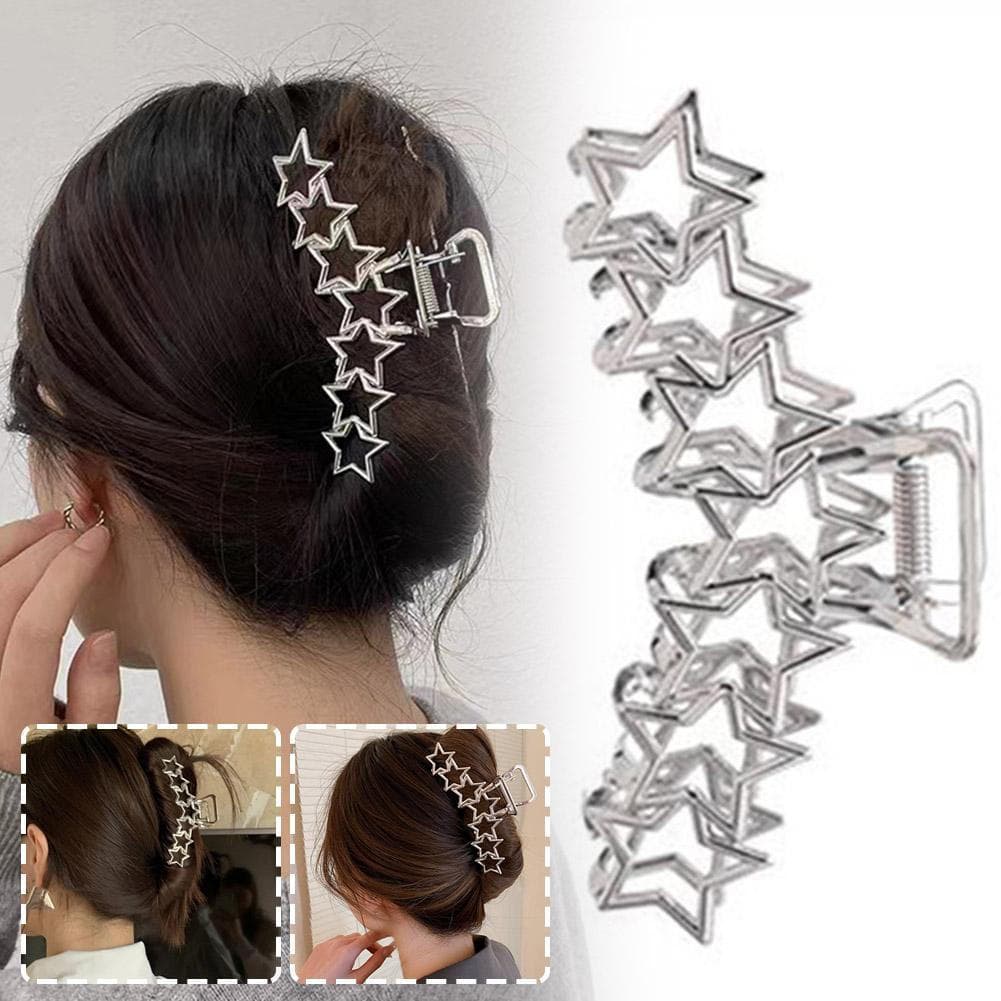 Grampo De Cabelo De Metal Céu Estrelado Prata Grande Design Simples Encaracolado Com Muitos Tubarões Na Parte De Trás De