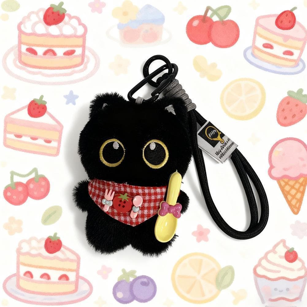 Chaveiro De Gatinho Preto De Pelúcia Com Babador De Guingão Vermelho , Charme De Bolsa De Gato Fofo Para Mochila , Super
