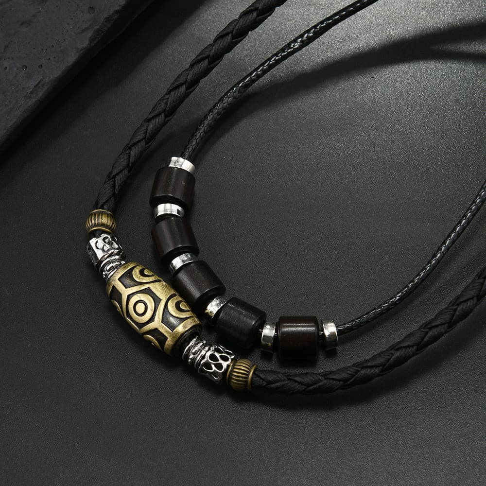 Colar masculino de corda encerada trançada, estilo punk vintage, personalizado e moderno, com pingente de contas em esti
