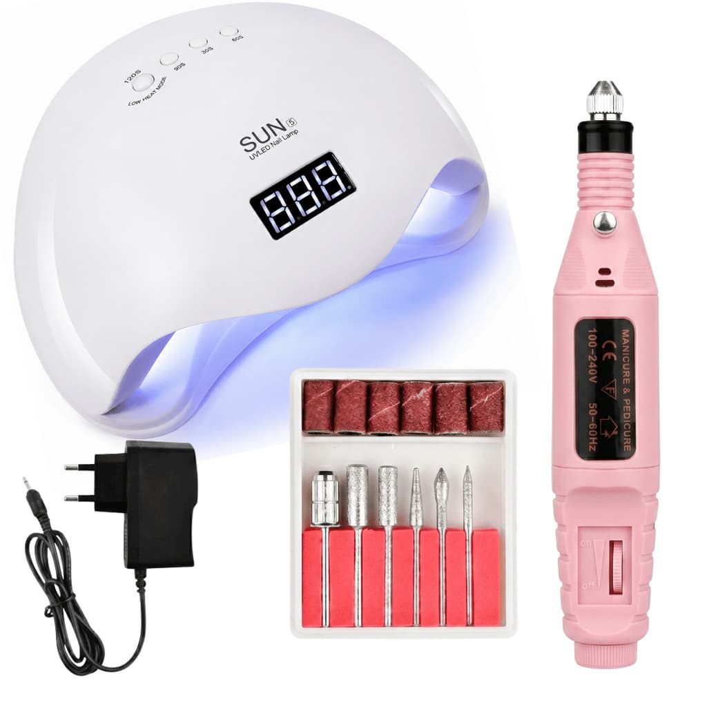 Kit Para Unhas Gel Com Cabine Sun 5 48w Bivolt Uv/led + Lixadeira Unha Elétrica Profissional Bivolt