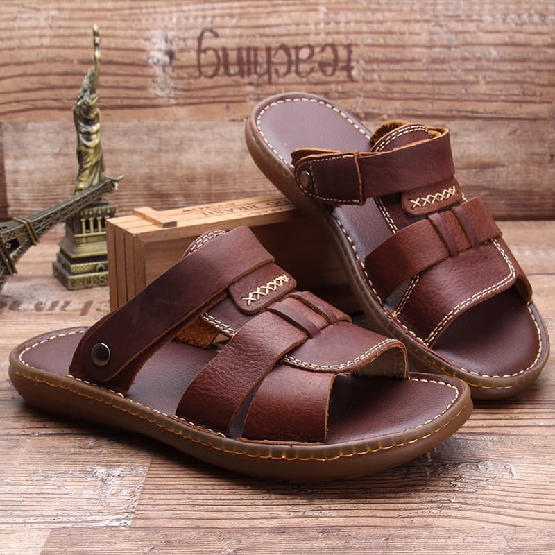 Sandálias de couro masculinas de comércio exterior verão 2025 novo estilo sola macia antiderrapante pai sapatos de praia
