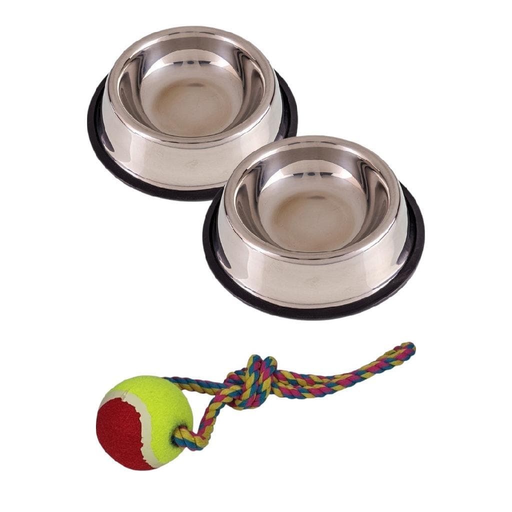 Kit 2 Comedouro Bebedouro Pet Inox 1,6L Base Antiderrapante Cachorro Grande + Brinquedo Corda