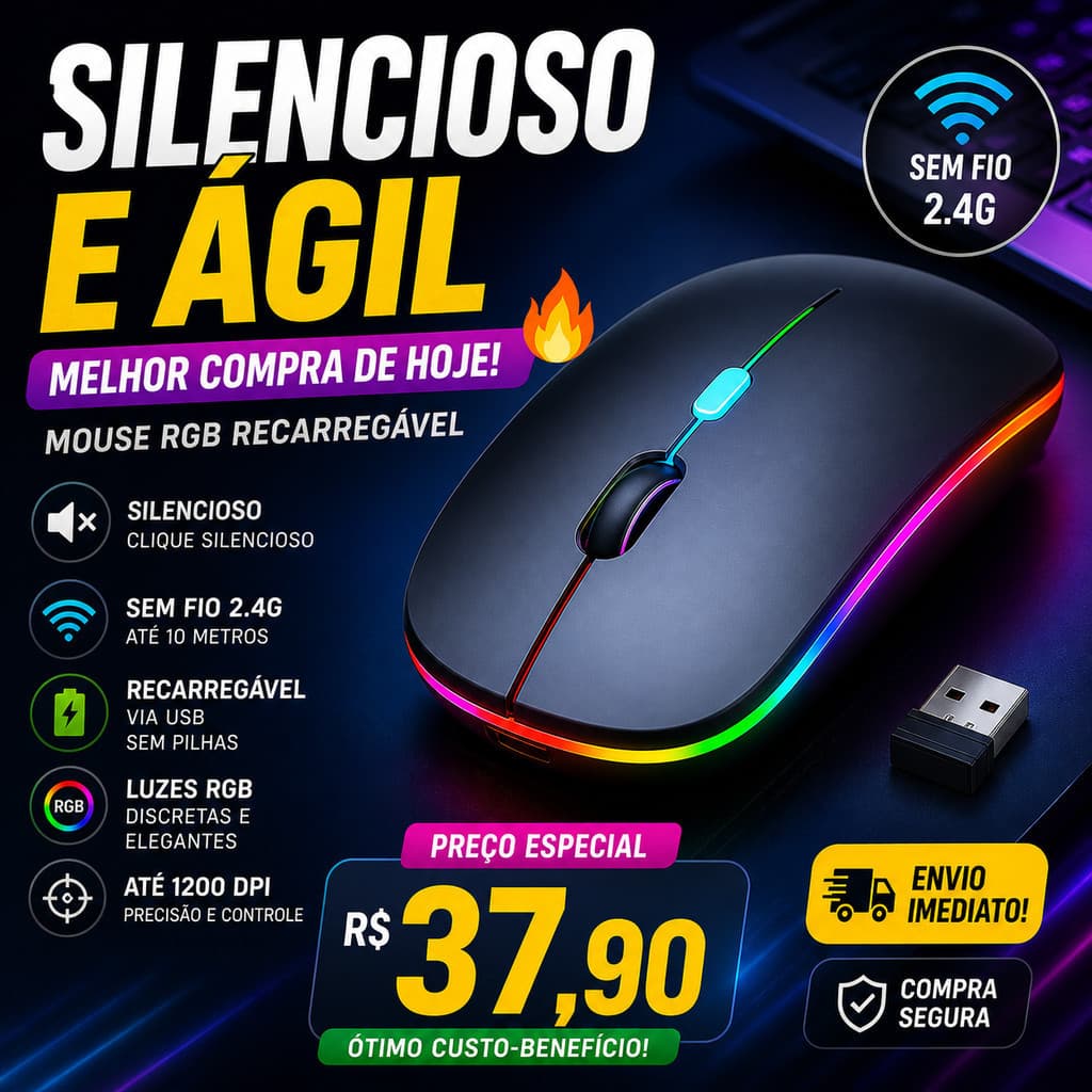Mouse Sem Fio Recarregável Wireless Optico Rgb (Silencioso) Sem Fio / Desktop / Notebook / Tablet / Smartphone
