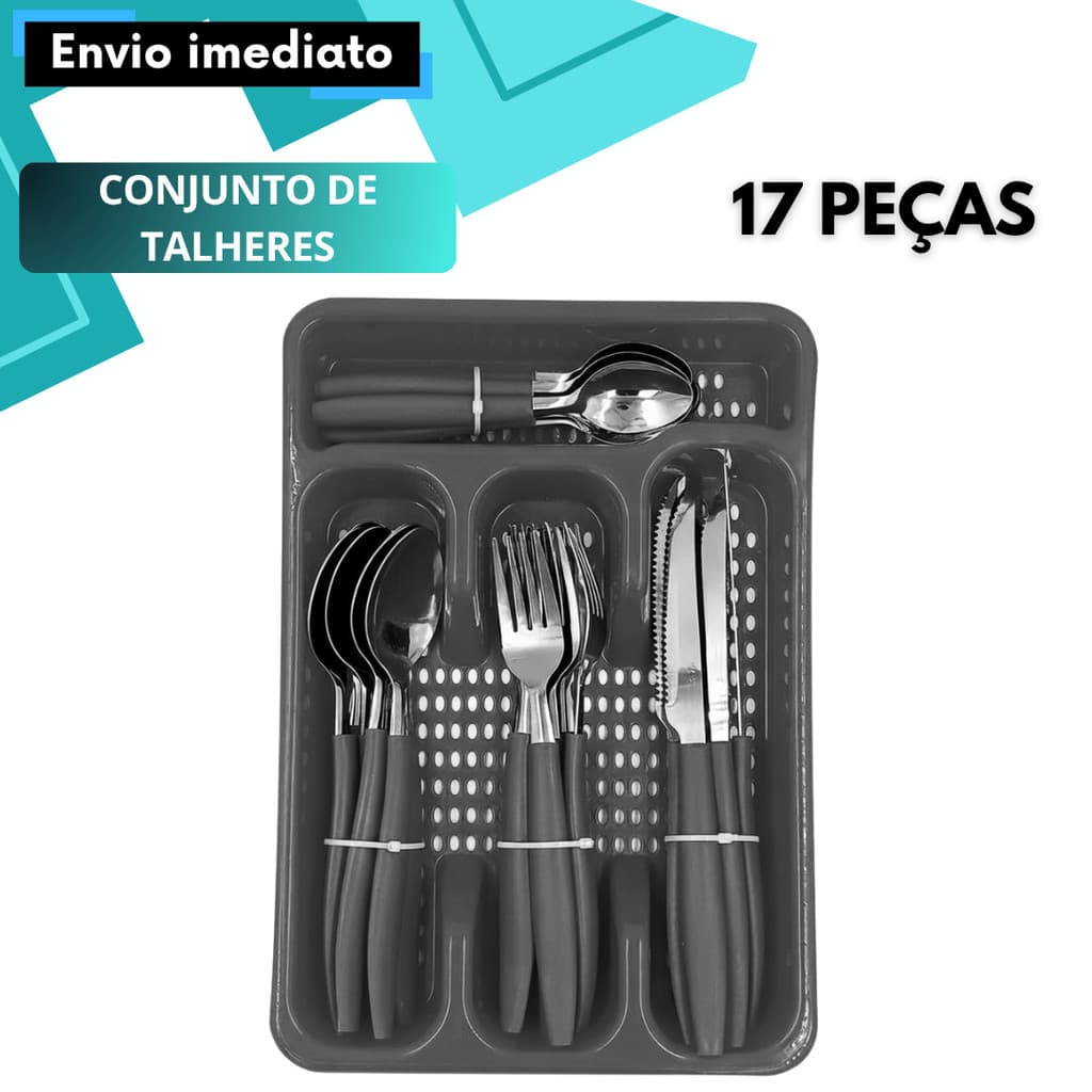 Conjunto Talheres Inox 17p Com Suporte Cabo Plástico Preto/Vermelho Uso Diário Praticidade Durabilidade