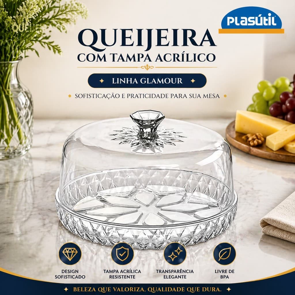 Queijeira Acrílica Glamour Transparente Plasútil