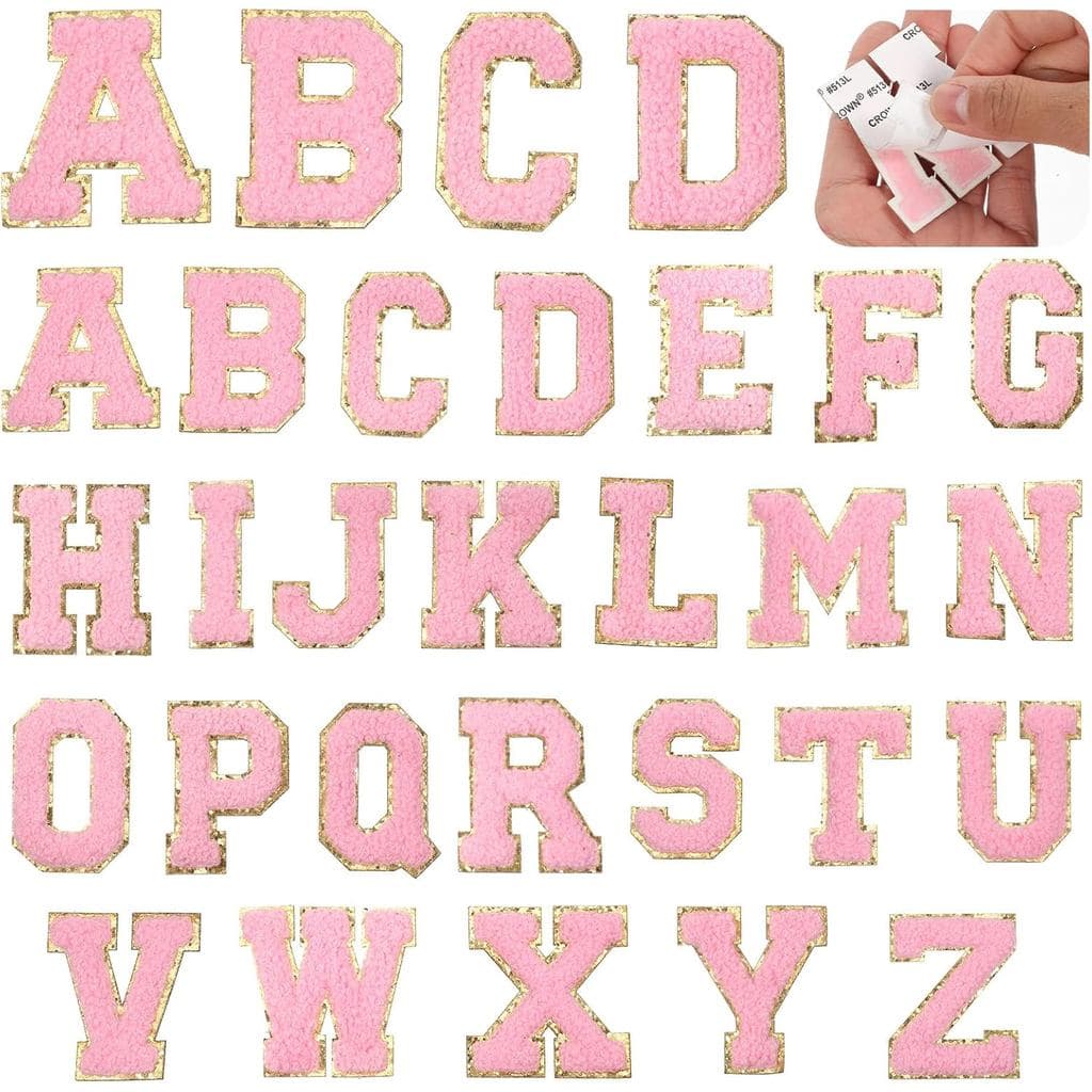 26 Patches de Letras Autoadesivos em Chenille, Patches de Letras do Alfabeto A-Z, Apliques Bordados Estilo Preppy com Gl