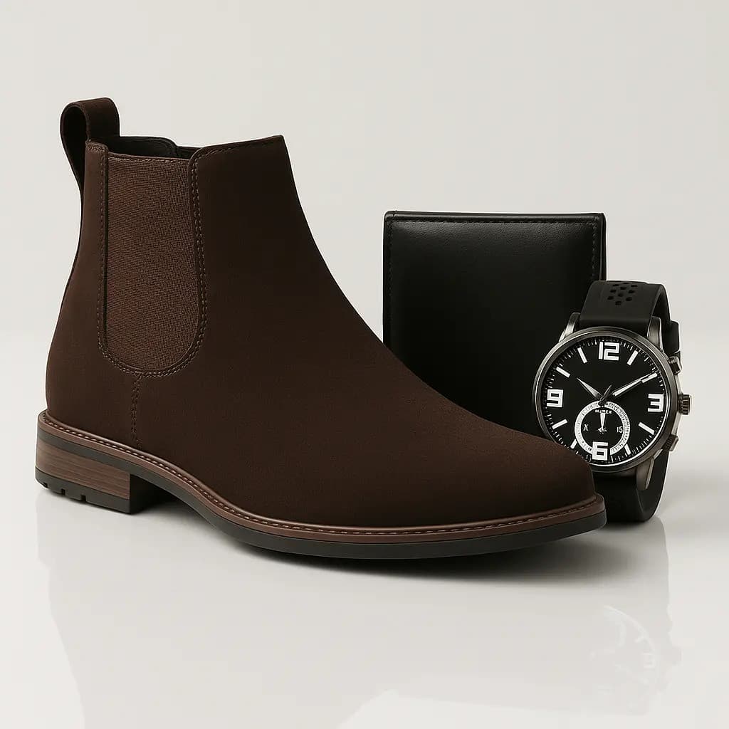 Bota Masculina Adventure Couro Eco Tenis Montaria Kit Relogio e Carteira