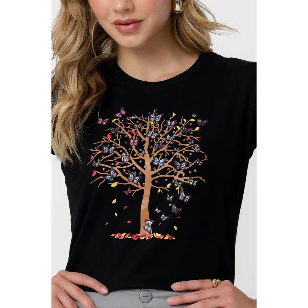 CAMISA FEMININA T-SHIRT ESTAMPA ÁRVORE BORBOLETAS COM STRASS CASUAL 100% ALGODÃO LEVE PREMIUM
