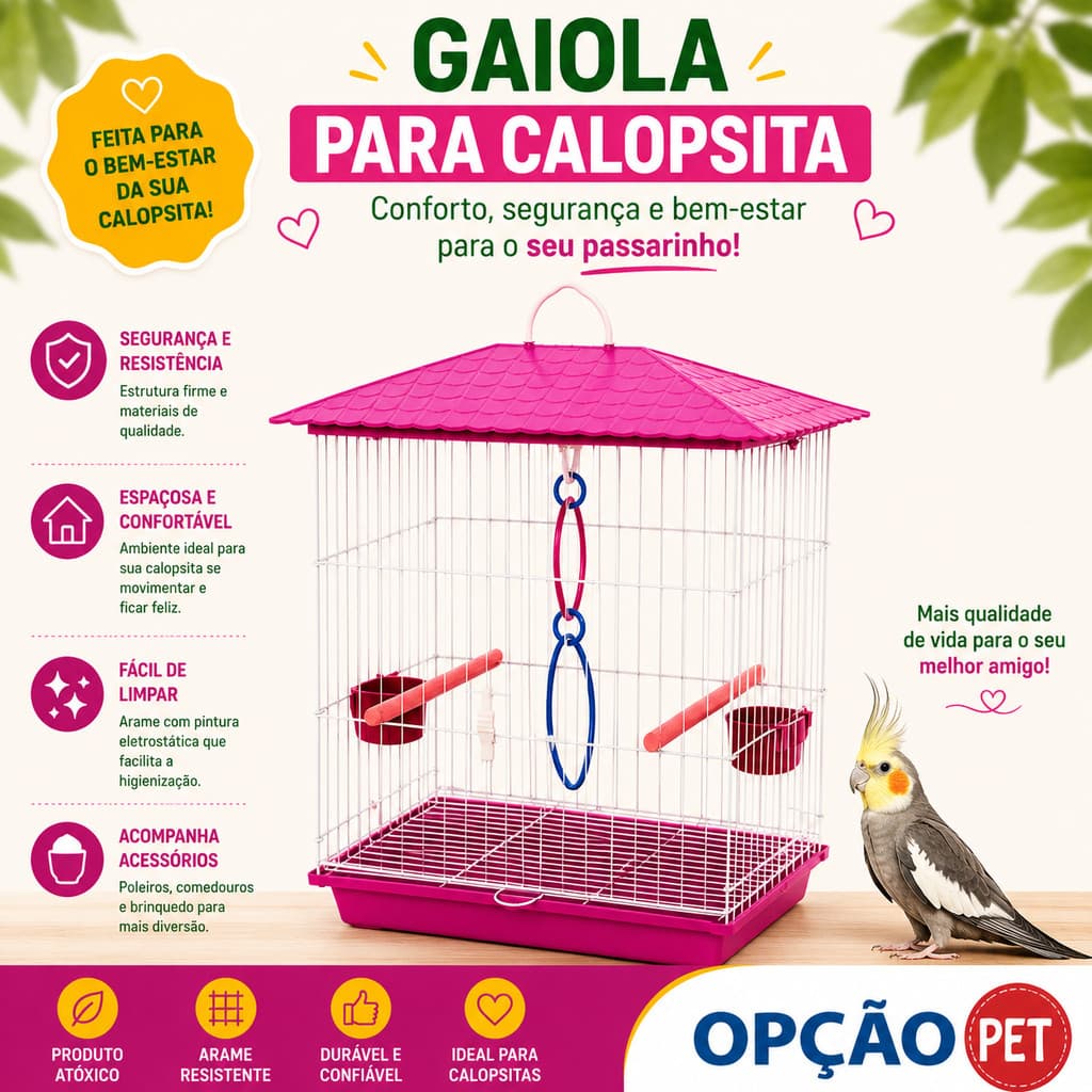 Gaiola para Calopsita + ACESSÓRIO E UM JOGO DE ARGOLAS COLORIDAS mansa teto plástico na cor Rosa - OPÇÃO PET