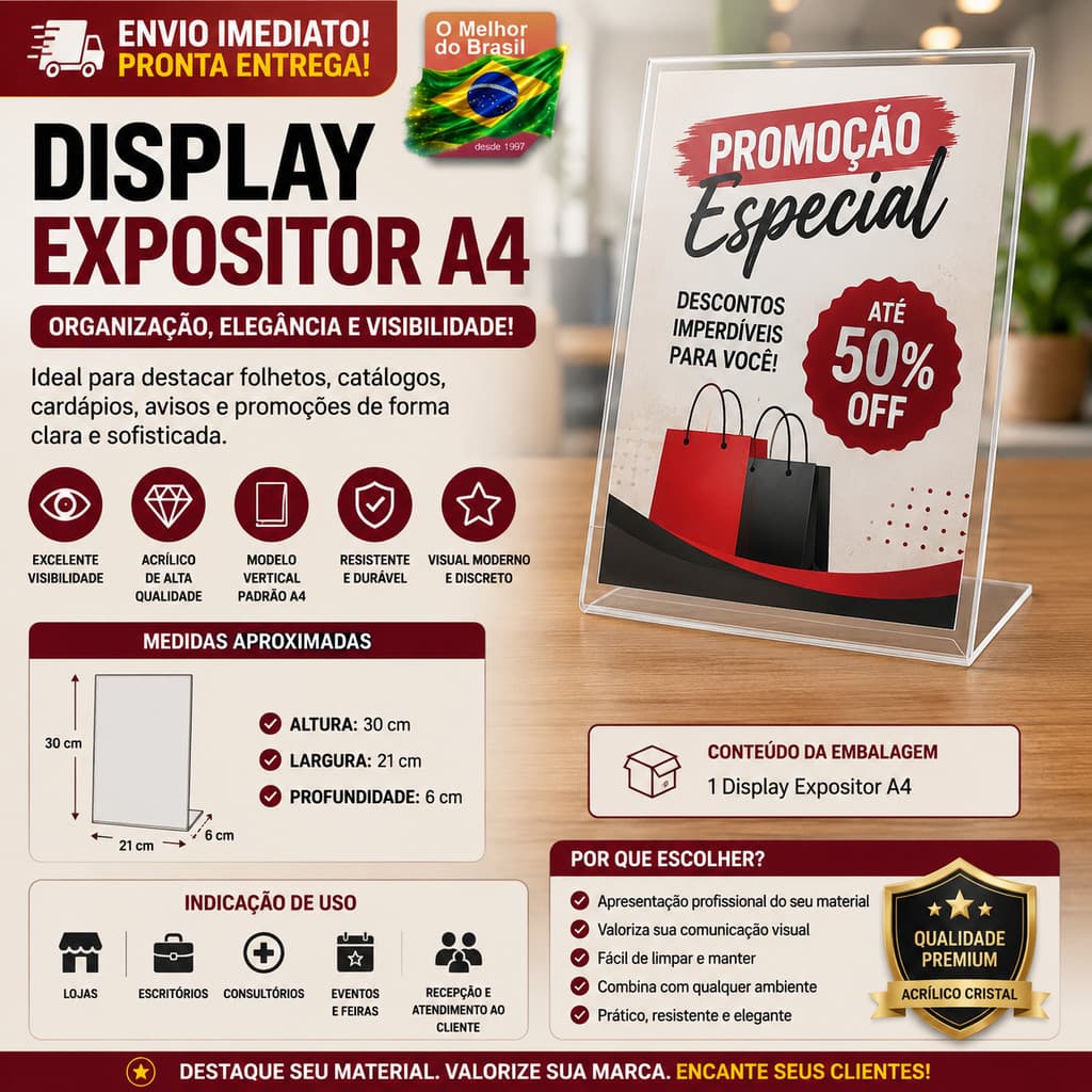 Display Expositor Acrílico A4 De Balcão Mesa Cor Transparente