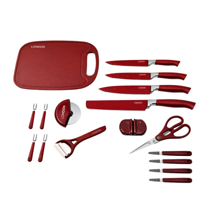JKit Facas Chef London 17 Peças Inox Profissional Vermelho Preto Creme