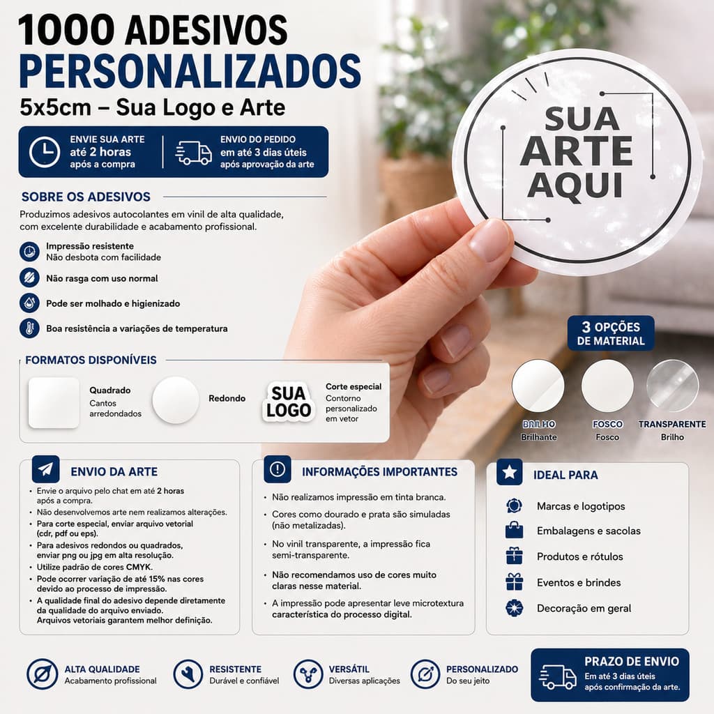 1000 Adesivo Personalizado 5x5cm Sua Logo E Arte
