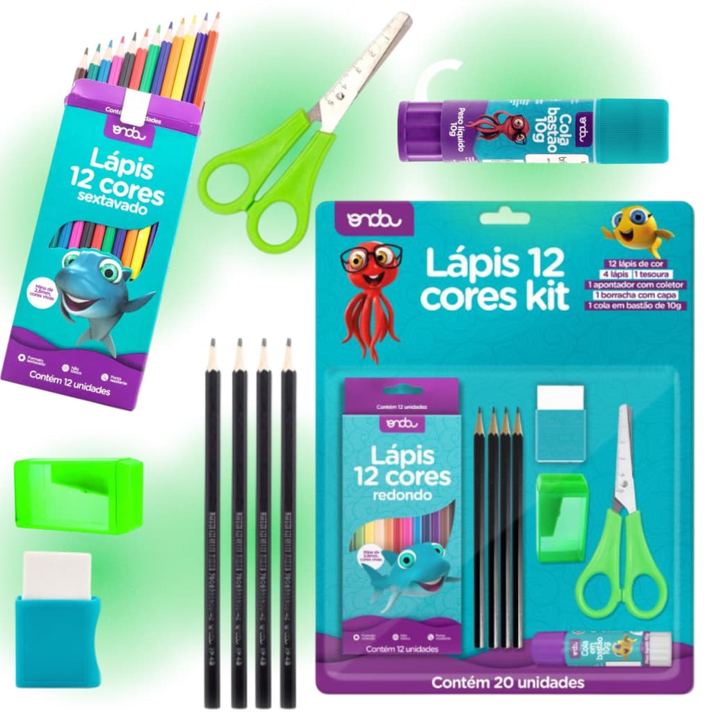 Kit Lapis Cor 12 cores + Borracha Escolar + Apontador Lapis Deposito + Tesoura + Cola Bastao + 4 Lapis Escrever
