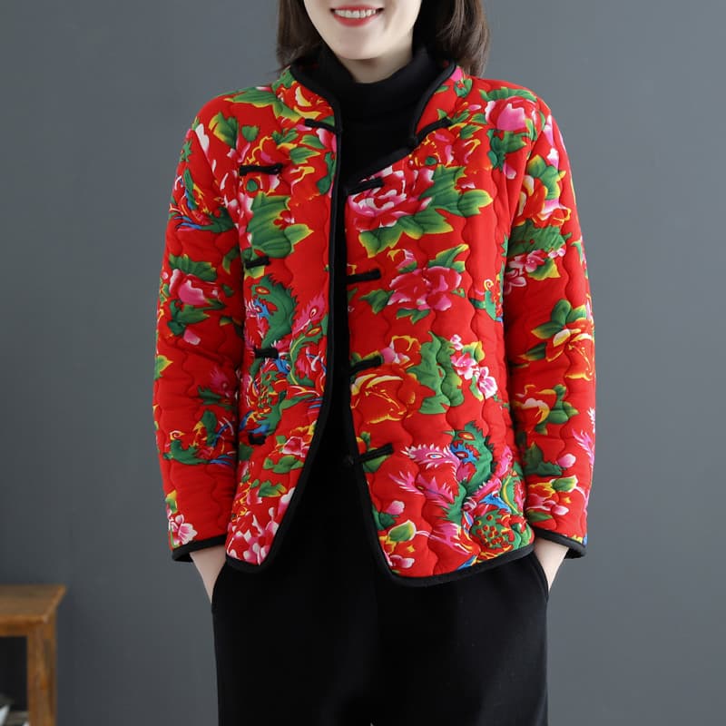 Jaqueta acolchoada de flor grande Nordeste País Fivela à moda antiga feminina inverno estilo chinês curto puro algodão e