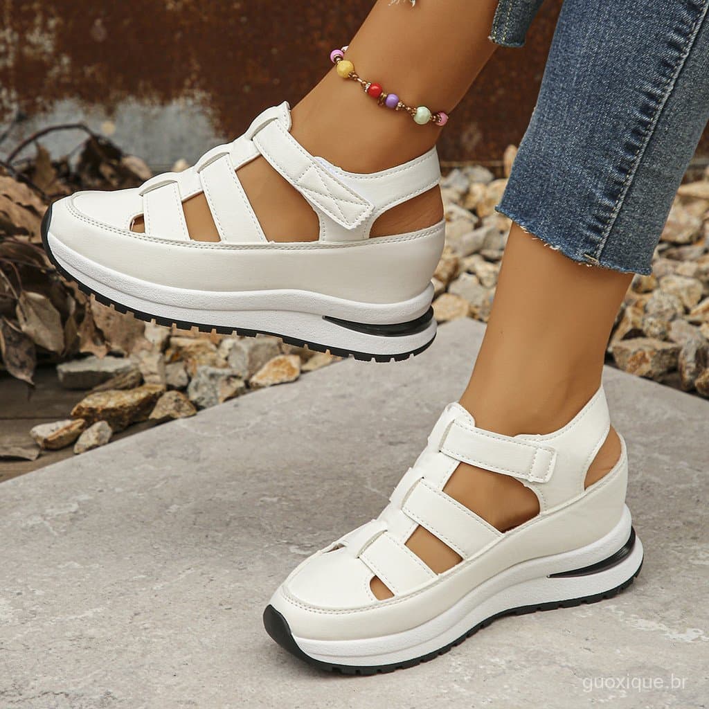 Sandálias de salto cruzado de verão, Design oco respirável, tamanho grande, plataforma de sola grossa, sapatos femininos