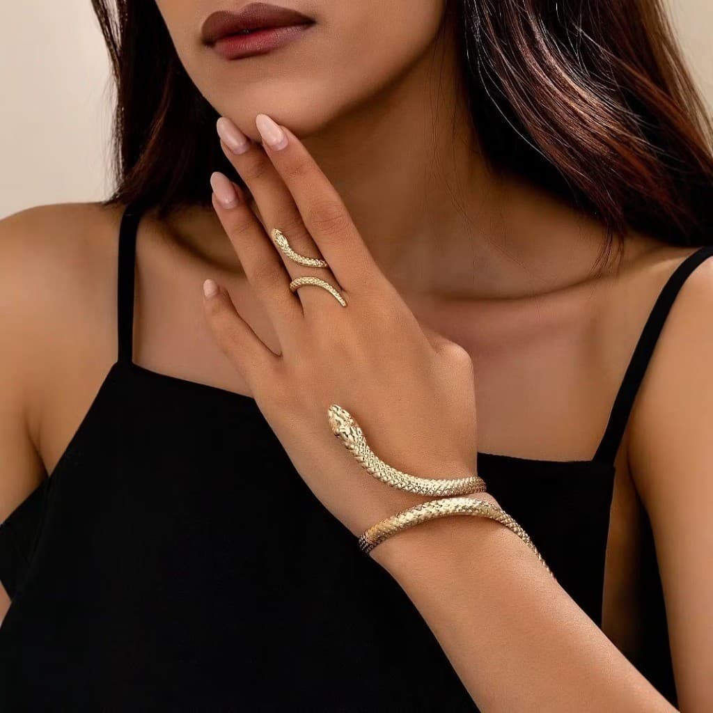 Conjunto de anel e pulseira ajustáveis ​​de luxo personalizados com estampa de cobra para mulheres