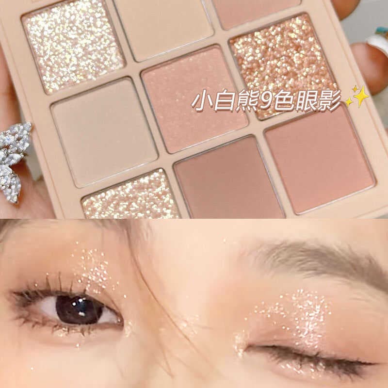 Pequeno urso branco paleta de sombras de nove cores fosco fino piscando diamante estroboscópio iluminando bicho da seda