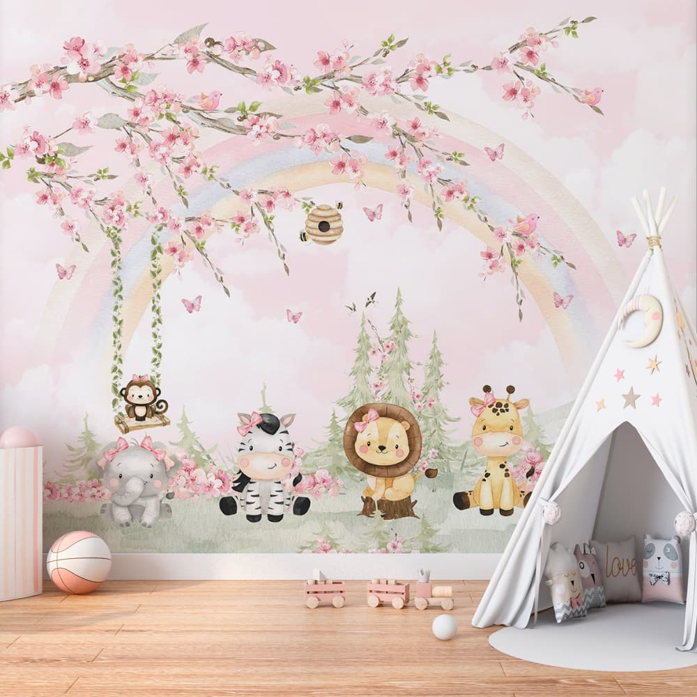 Papel De Parede Adesivo Personalizado Infantil Para Menina - Coleção Safari