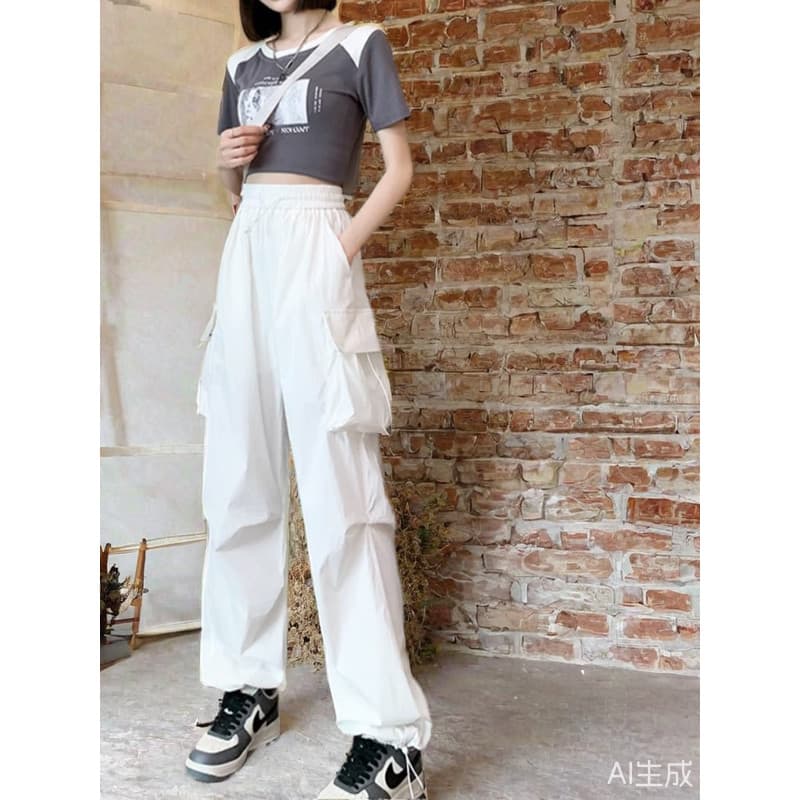 Macacão de pára-quedas feminino primavera outono verão novo estilo cintura alta Casual gelo seda calças de perna larga d